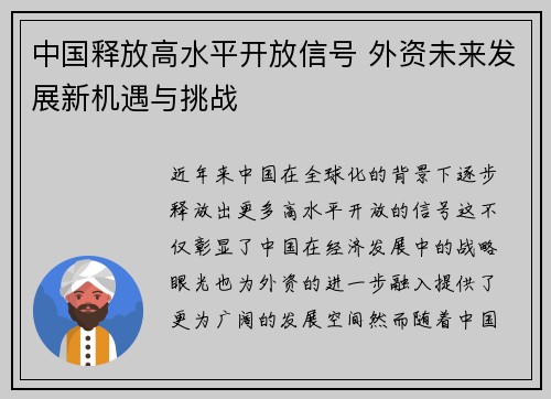 中国释放高水平开放信号 外资未来发展新机遇与挑战 中国释放高水平开放信号 外资未来发展新机遇与挑战